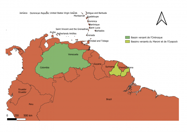Carte des bassins de l'Ornénoque, du Maroni et de l'Oyapock